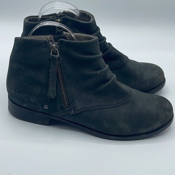 Caterpillar Women's Ankle Booties Double Zip Boots Ruched Leather Black Size 7 - Picture 2 of 16